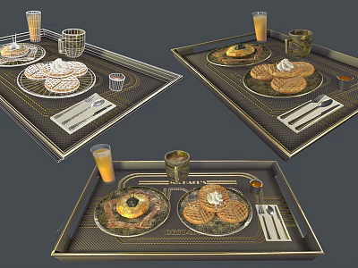 Elegant Modern Tray Setup Featuring Desserts Pastries Orange Juice And Cutlery 3d model