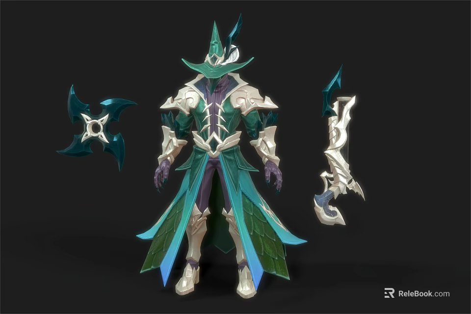 Fantasy Mage Character With Ornate Green And Gold Armor Pointed Hat And Dual Bladed Weapons 3d model 