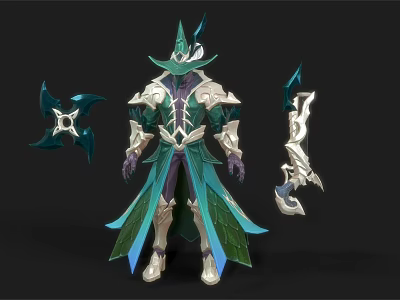 Fantasy Mage Character With Ornate Green And Gold Armor Pointed Hat And Dual Bladed Weapons 3d model