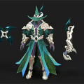 Fantasy Mage Character With Ornate Green And Gold Armor Pointed Hat And Dual Bladed Weapons