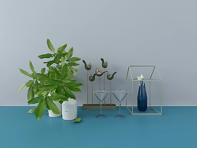 Green Plant Metal Bird Martini Glasses Blue Vase Golden Frame Glass Terrarium Decorative Ornament Set 3d model