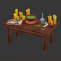 Witch Performing Magic Ritual With Yellow Candles Open Book Green Bowl Potion Herbs On Wooden Table