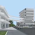 Modern Office Building Featuring Streamlined Design Glass Facade Sky Bridge And Landscaped Surroundings With Pedestrians