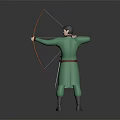 3D Archer Character In Green Robe Holding Longbow With Sword And Pulling Bowstring