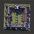 Cartoon Scenic Castle Model With Red Brick Architecture Central Green Courtyard And Tower Structures