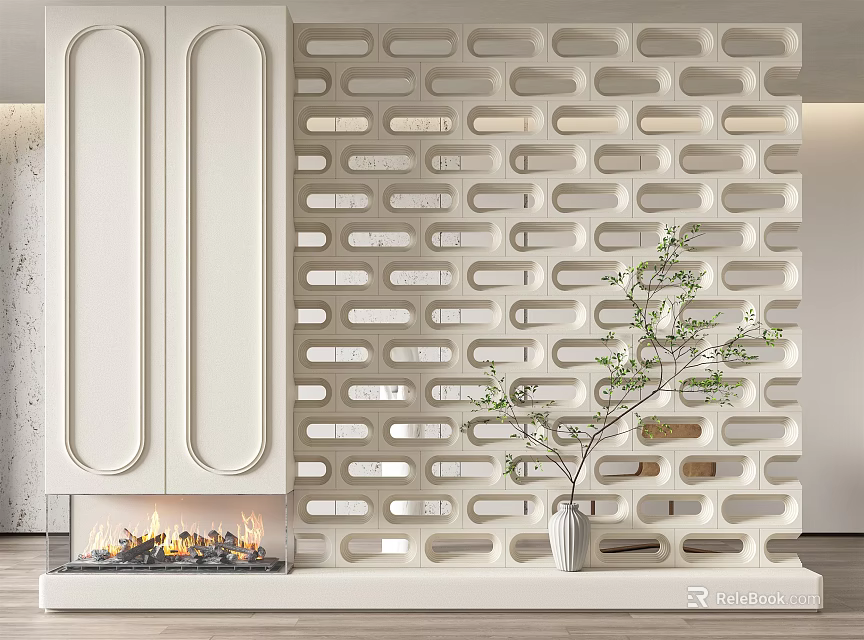 Elegant Modern Room Divider With White Perforated Design And Green Plant Decor 3d model 