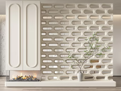 Elegant Modern Room Divider With White Perforated Design And Green Plant Decor 3d model