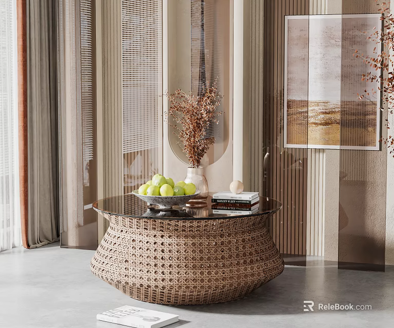 Elegant Round Wicker Coffee Table with Glass Top Fruits Vase Dried Plants and Books 3d model 