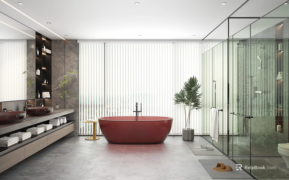 Modern Bathroom Interior With Freestanding Red Bathtub Glass Shower And Green Plants 3d model 