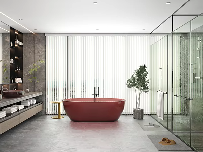 Modern Bathroom Interior With Freestanding Red Bathtub Glass Shower And Green Plants 3d model