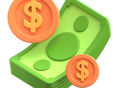Decorative Ornament Set With Stacked Green Banknotes And Orange Dollar Coins 3d model