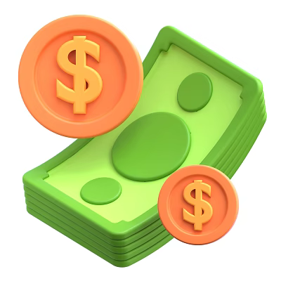 Decorative Ornament Set With Stacked Green Banknotes And Orange Dollar Coins 3d model
