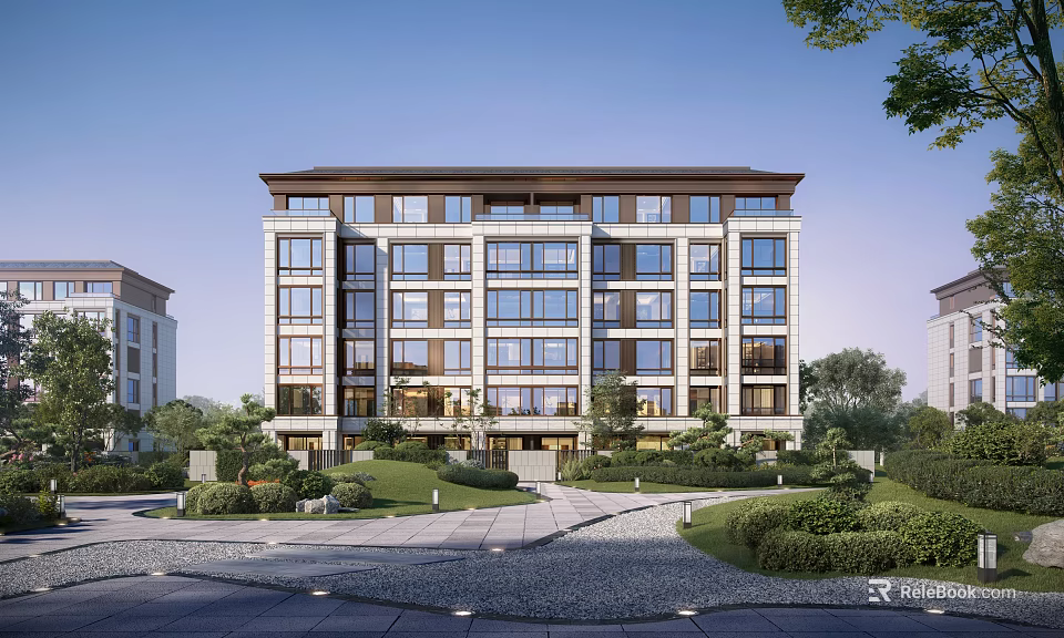 Modern Multi Story Residential Building Exterior With Green Landscaping Lawns And Pathways 3d model 