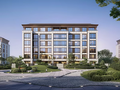 Modern Multi Story Residential Building Exterior With Green Landscaping Lawns And Pathways 3d model