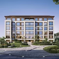 Modern Multi Story Residential Building Exterior With Green Landscaping Lawns And Pathways