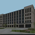 Modern Office Building Exterior with Glass Windows and Landscaped Entrance Plaza