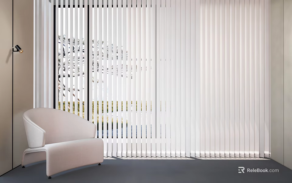 Modern White Vertical Blinds In Living Room With Sofa Natural Light And Scenic View 3d model 