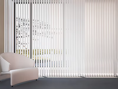 Modern White Vertical Blinds In Living Room With Sofa Natural Light And Scenic View 3d model