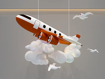 Unique Airplane Shaped Chandelier with Orange White Design and Cloud Decorations and Seagulls 3d model