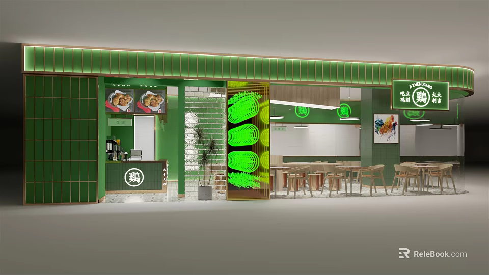 Green Restaurant Interior Design With Open Layout Tables Chairs Menu Posters And Decorative Elements 3d model
