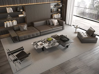 Modern Living Room Gray Leather Sofa And Marble Coffee Table Set With Bookshelves Large Window 3d model