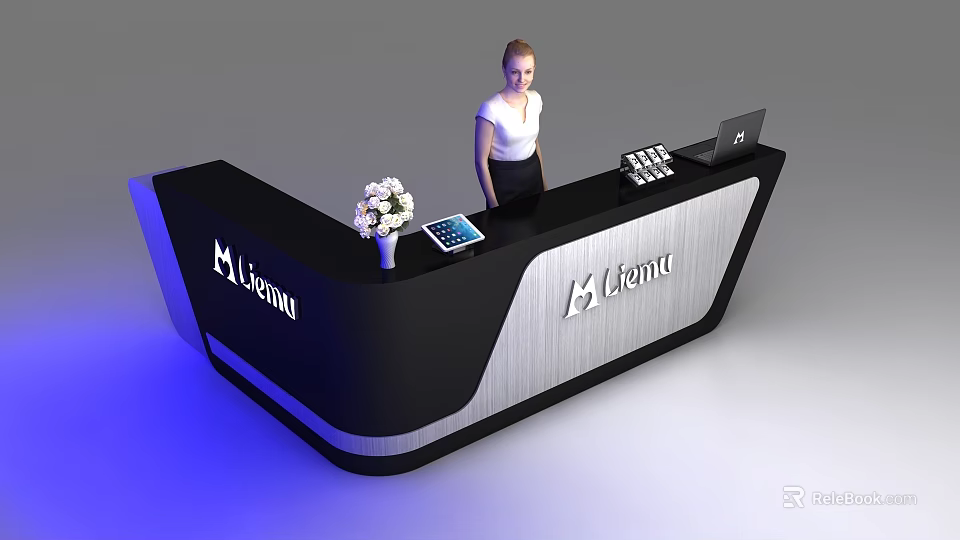 Modern Black Silver Reception Desk with Lemonu Logo White Flower Vase Tablet Laptop and Receptionist 3d model 