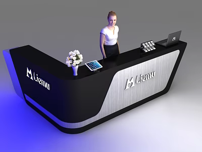 Modern Black Silver Reception Desk with Lemonu Logo White Flower Vase Tablet Laptop and Receptionist 3d model