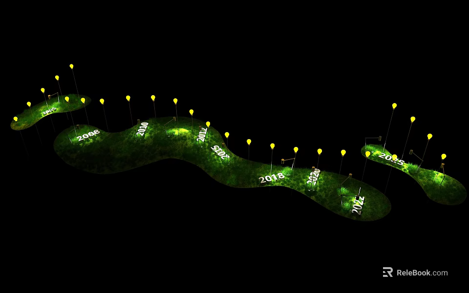 Art Installation With Green Wavy Structure Yellow Lights And Year Numbers 3d model