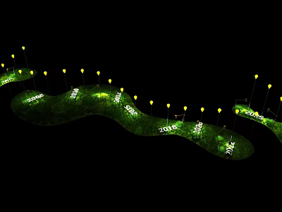 Art Installation With Green Wavy Structure Yellow Lights And Year Numbers 3d model