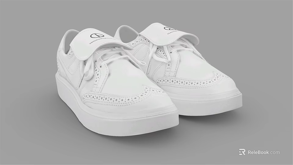 White Casual Lace Up Shoes With Brogue Details And Comfortable White Sole 3d model 