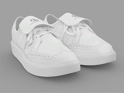 White Casual Lace Up Shoes With Brogue Details And Comfortable White Sole 3d model