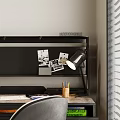 Modern Home Office Desk With Shelf Lamp Notebook Chair Green Plant And Artwork
