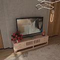 Wooden TV Stand With TV Flowers Decorative Items Modern Lighting And Textured Living Room Wall