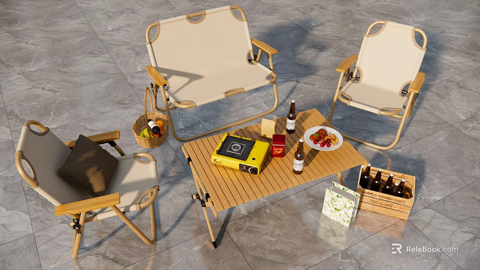 Outdoor Folding Table and Chairs Set with Canvas Seats Wooden Frame and Portable Stove 3d model 