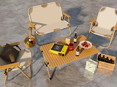 Outdoor Folding Table and Chairs Set with Canvas Seats Wooden Frame and Portable Stove 3d model