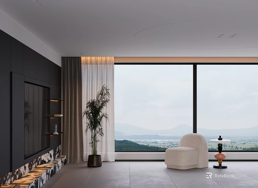 Cozy Modern White Accent Chair beside Large Window with Lake and Mountain View 3d model 
