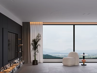 Cozy Modern White Accent Chair beside Large Window with Lake and Mountain View 3d model
