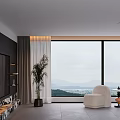 Cozy Modern White Accent Chair beside Large Window with Lake and Mountain View