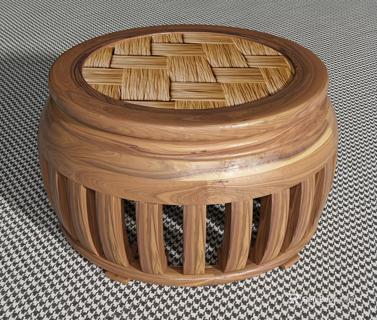Classic Handcrafted Round Wooden Stool With Woven Top And Slatted Sides Design 3d model 