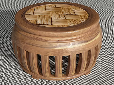 Classic Handcrafted Round Wooden Stool With Woven Top And Slatted Sides Design 3d model