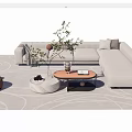 Modern Sofa and Coffee Table Set with Beige Upholstery Decorative Plants and Patterned Carpet 3d model