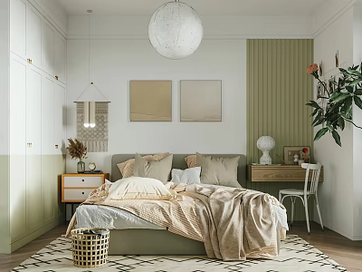 Cozy Bedroom Interior With Green Paneled Walls Round Pendant Light Artwork Pillows And Throw Blanket 3d model