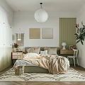 Cozy Bedroom Interior With Green Paneled Walls Round Pendant Light Artwork Pillows And Throw Blanket