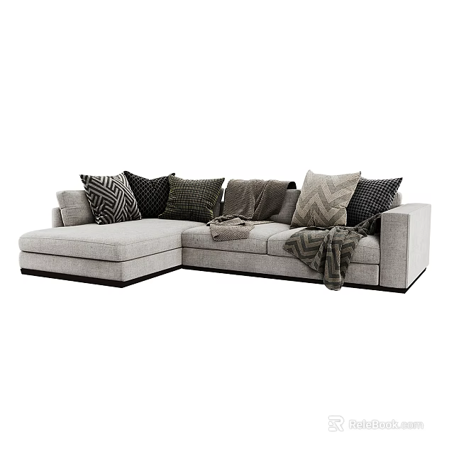Modern Light Gray Fabric Sectional Sofa with Assorted Patterned Pillows and Throw Blanket 3d model