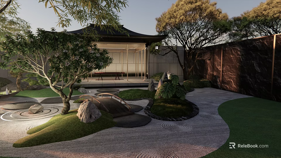 Traditional Japanese Courtyard Garden with Pavilion Trees Stone Lantern Rock Features Gravel Pathway and Moss Patches 3d model 
