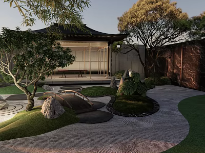 Traditional Japanese Courtyard Garden with Pavilion Trees Stone Lantern Rock Features Gravel Pathway and Moss Patches 3d model