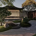 Traditional Japanese Courtyard Garden with Pavilion Trees Stone Lantern Rock Features Gravel Pathway and Moss Patches