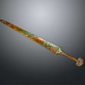 Ancient Bronze Sword Sculpture With Intricate Carved Hilt And Decorative Details
