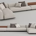 Modern Light Colored Sectional Sofa With Brown Armrest And Throw Pillows 3d model