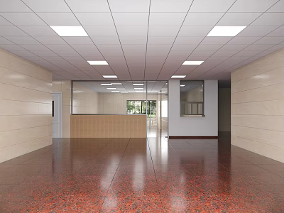Spacious Lobby Reception Area With Red Floor Beige Walls Glass Partitions And Square Ceiling Lights 3d model